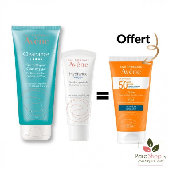 AVENE PACK CLEANANCE GEL NETTOYANT 200ML + HYDRANCE LÉGÈRE + Fluide SOLAIRE SPF50+ OFFERT