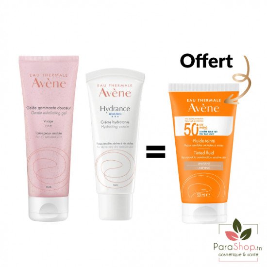 AVENE PACK Gelee Gommante + HYDRANCE RICHE + Fluide teinté SPF 50+ OFFERT