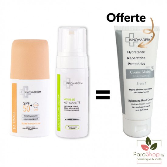 INNOVADERM PACK Fond de Teint Minéral Sand + Mousse Nettoyante Peau Mixte à Grasse + Creme Mains offerte