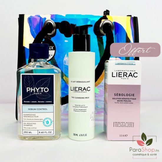 LIERAC SAC LAIT DEMAQUILLANT  + SEBOLOGIE MICRO PEELING + PHYTO SEBUM CONTROLE SHAMPOOING