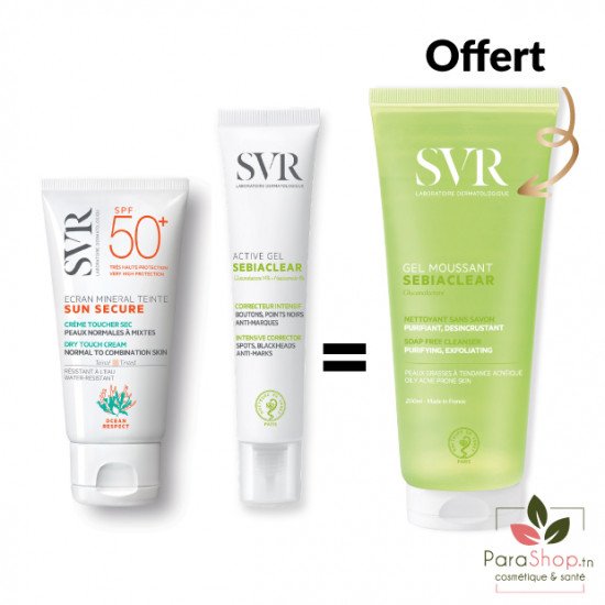 SVR PACK SEBIACLEAR Active Gel + Sun Secure Écran Minéral Teinté - Peau Normale À Mixte + Gel Moussant OFFERT